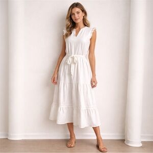 Ivory Linen Blend Tiered Midi Dress | Ruffle Sleeve Tie Waist | Boho Cottagecore